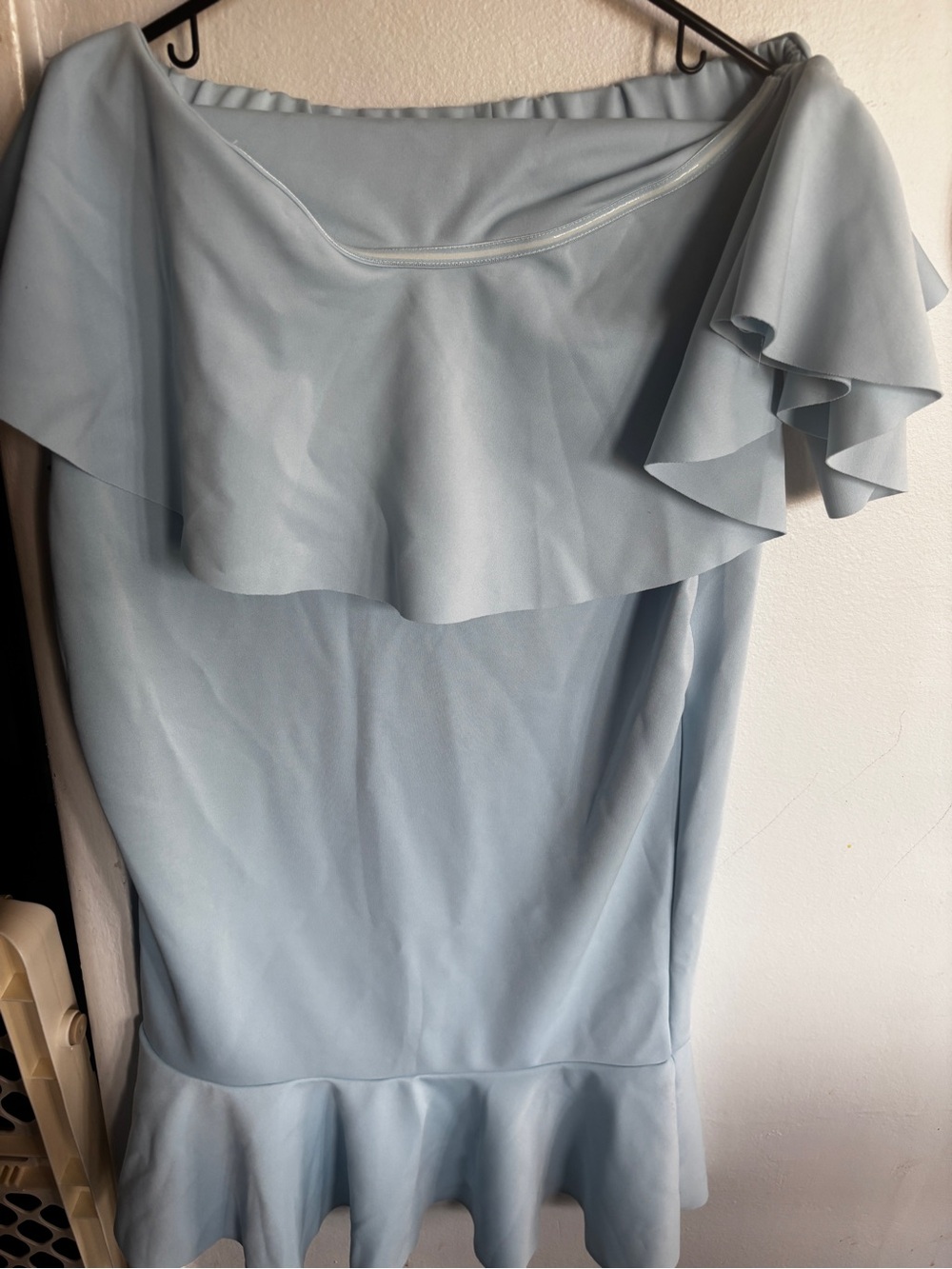 Off-Shoulder Light Blue Ruffle Midi Dress